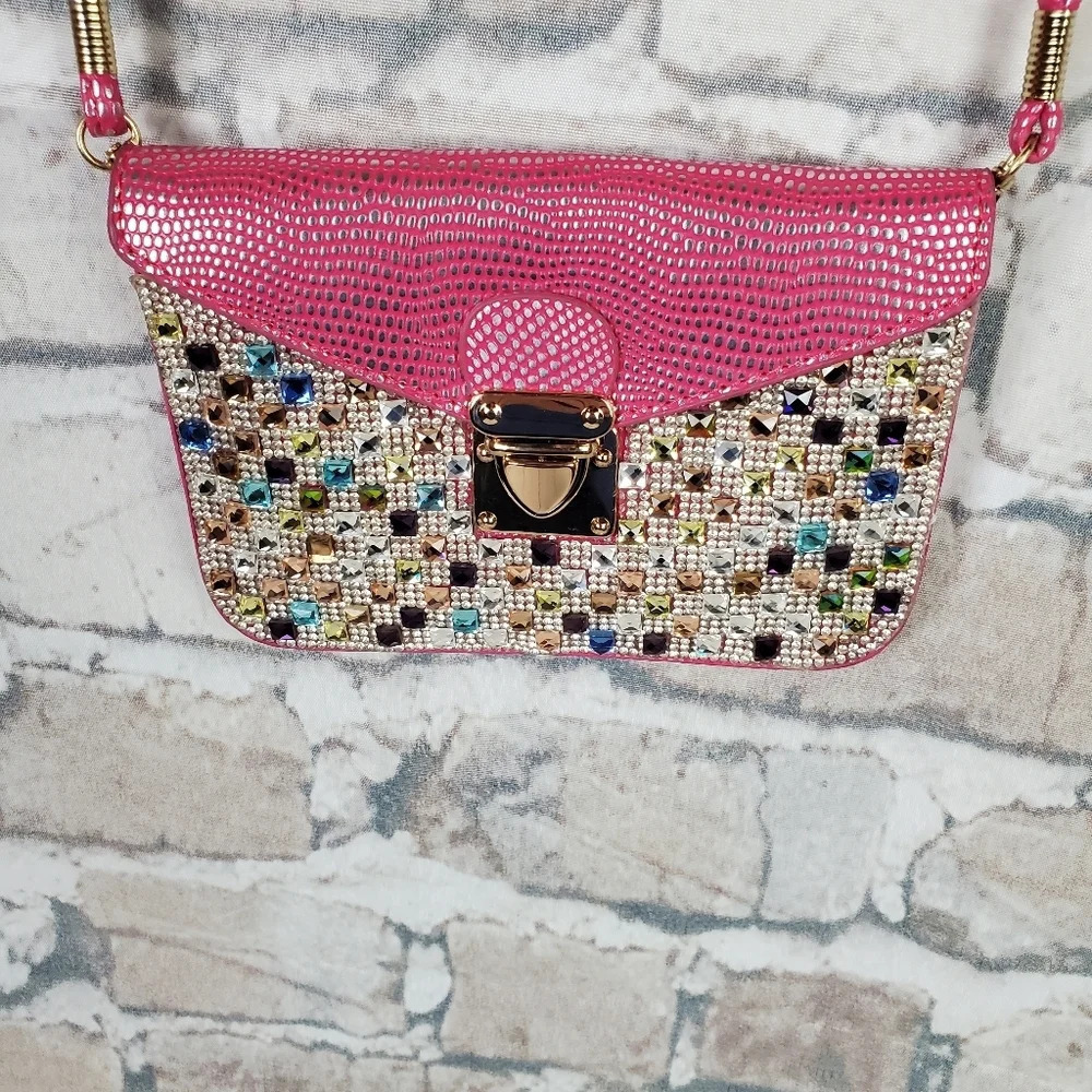 Rhinestone Embellished Crossbody Bag Pink Reptile Envelope Style Barbiecore - Picture 3 of 16
